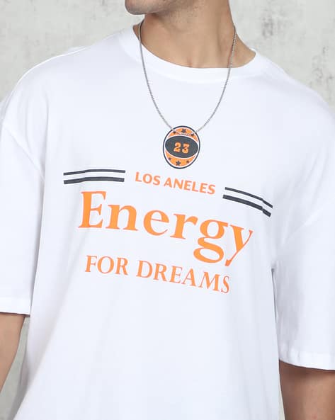 Relaxed Fit Drop Shoulder Typographic Chest Print Crew Tshirt