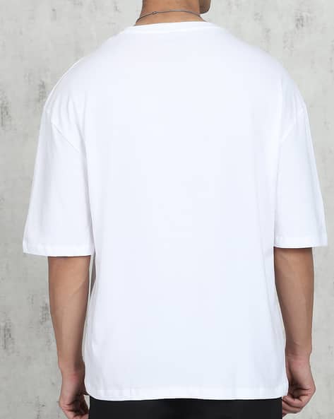 Relaxed Fit Drop Shoulder Typographic Chest Print Crew Tshirt