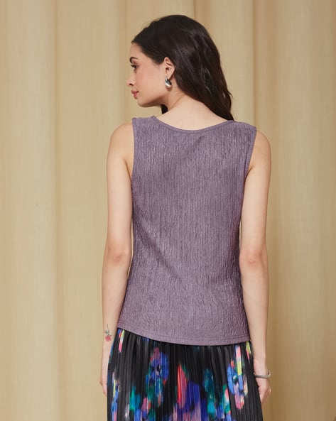Cute Asymmetrical Cut-Out Neck Sleeveless Textured Top