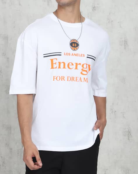 Relaxed Fit Drop Shoulder Typographic Chest Print Crew Tshirt