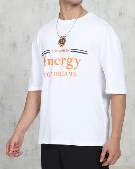 Relaxed Fit Drop Shoulder Typographic Chest Print Crew Tshirt