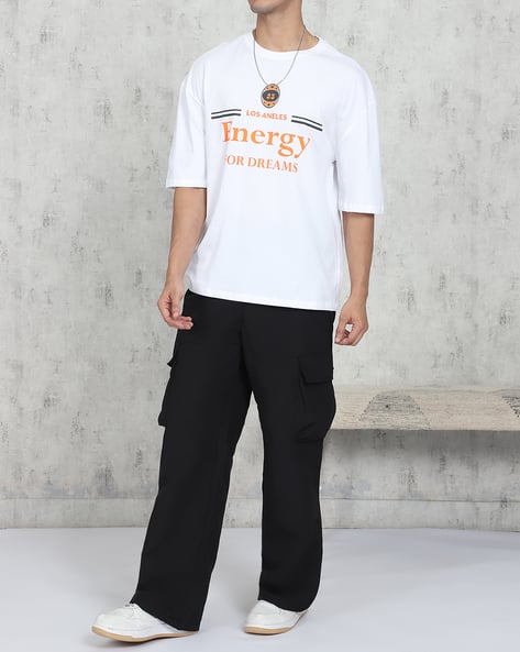 Relaxed Fit Drop Shoulder Typographic Chest Print Crew Tshirt